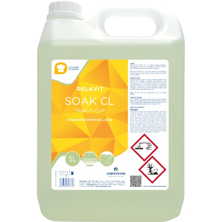 CLOVER (CHRISTEYNS) | RELAVIT SOAK CL - 368 T-CUP | TRAK - CHLORINATED DISHWASHER LIQUID - X 5 LTR | 368