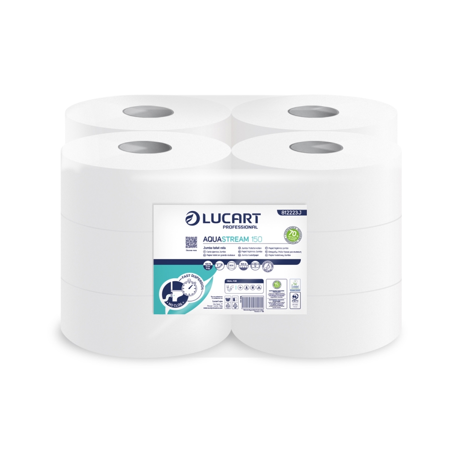 LUCART | AQUA STREAM MINI JUMBO TOILET PAPER ROLLS 150M X 12 | 812223J | 43001