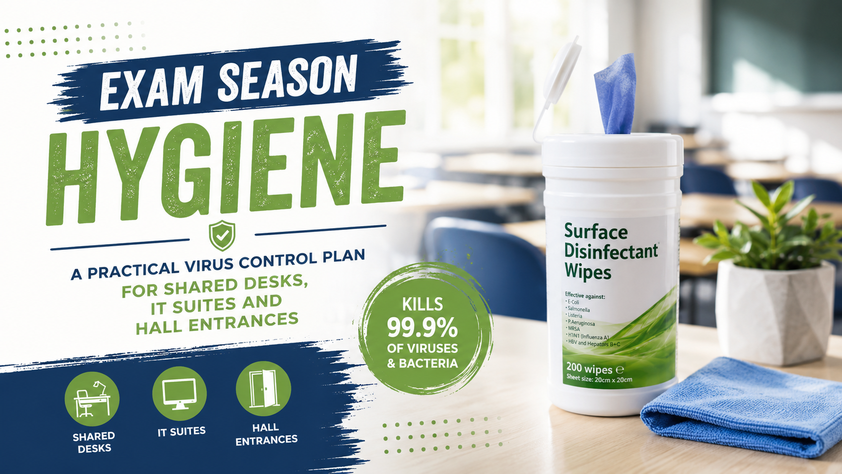 Exam Season Hygiene: A Practical Virus Control Plan for Shared Desks, IT Suites and Hall Entrances